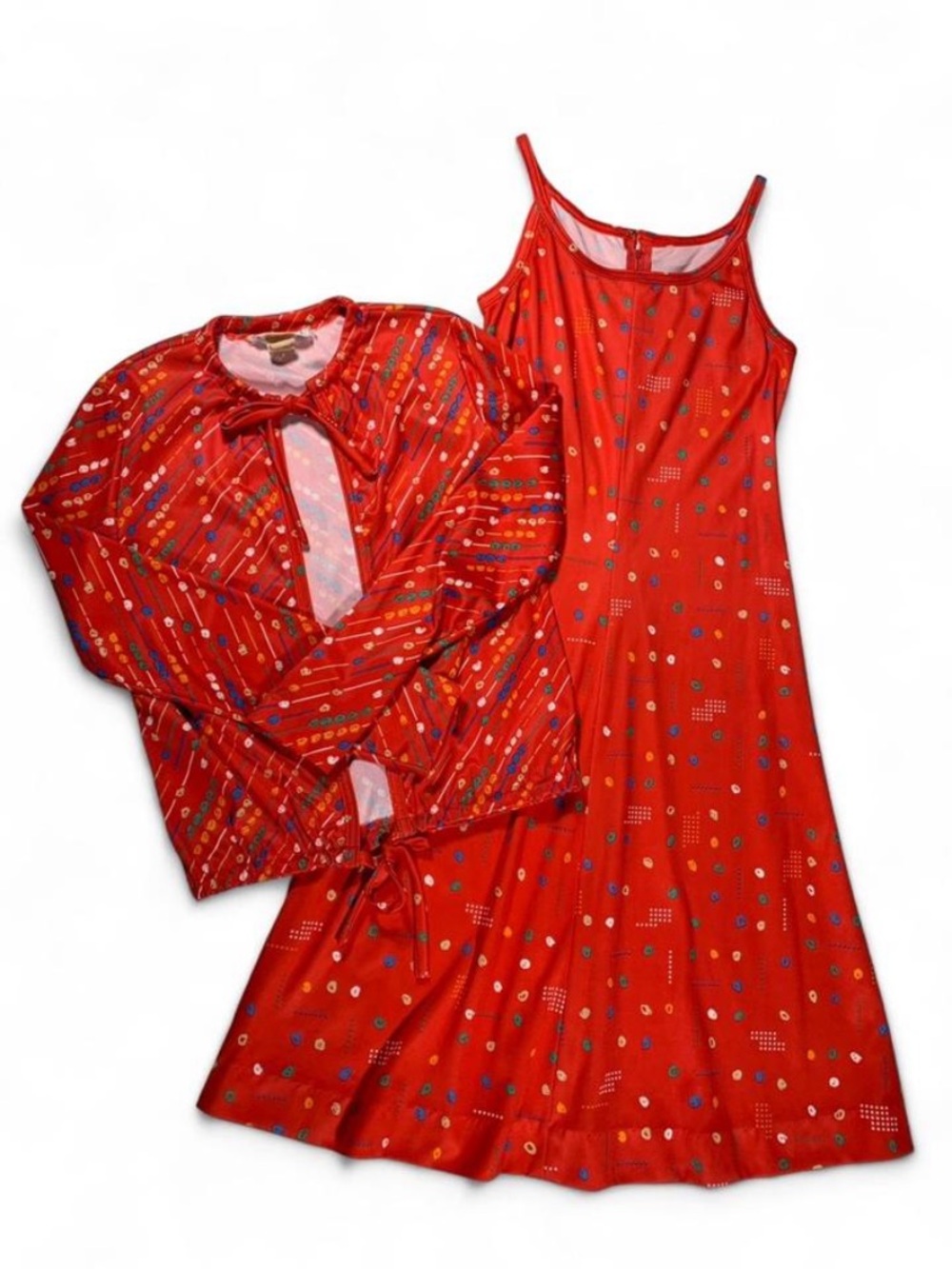 Vintage Gay Gibson Red Patterned Dress and Jacket Set True 70’s